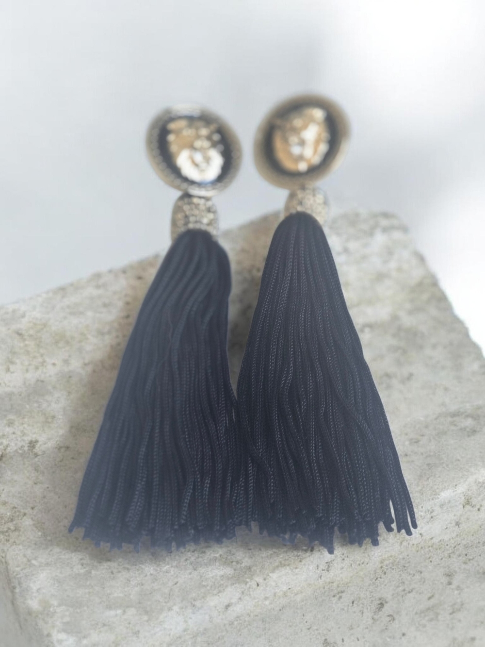 Black Tassel Drop Earrings with Gold Medallion